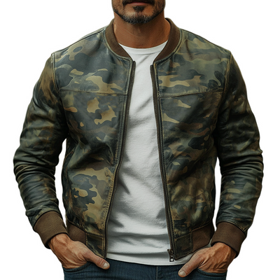 Men's Casal Camoflage Baseball Leather Jacket F