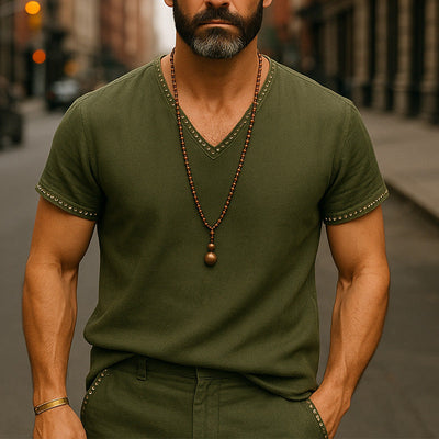 Terry | Men'S Summer Breathable Comfort Hole V-Neck Linen Blended Short Sleeve T-Shirt