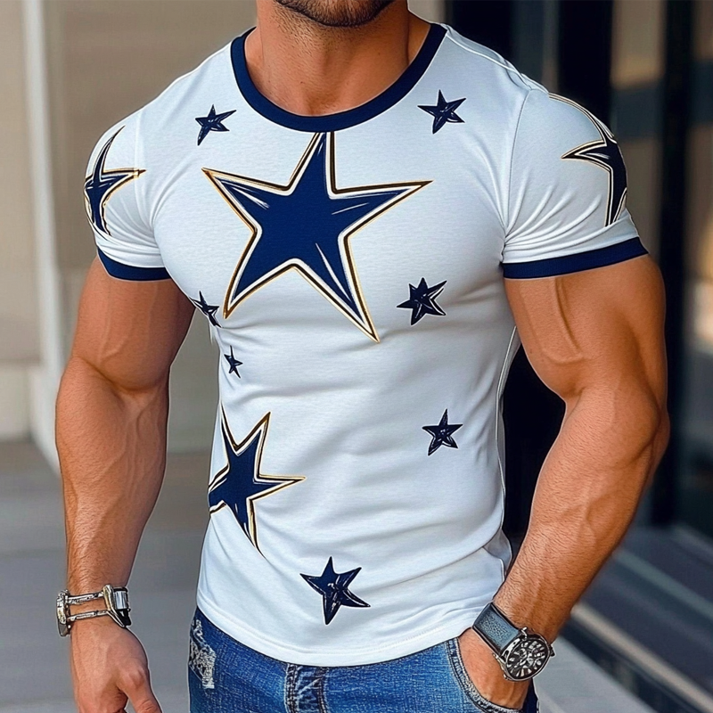 Tim | Men'S Star Printed Round Neck Short Sleeve Cotton Blend T-Shirt