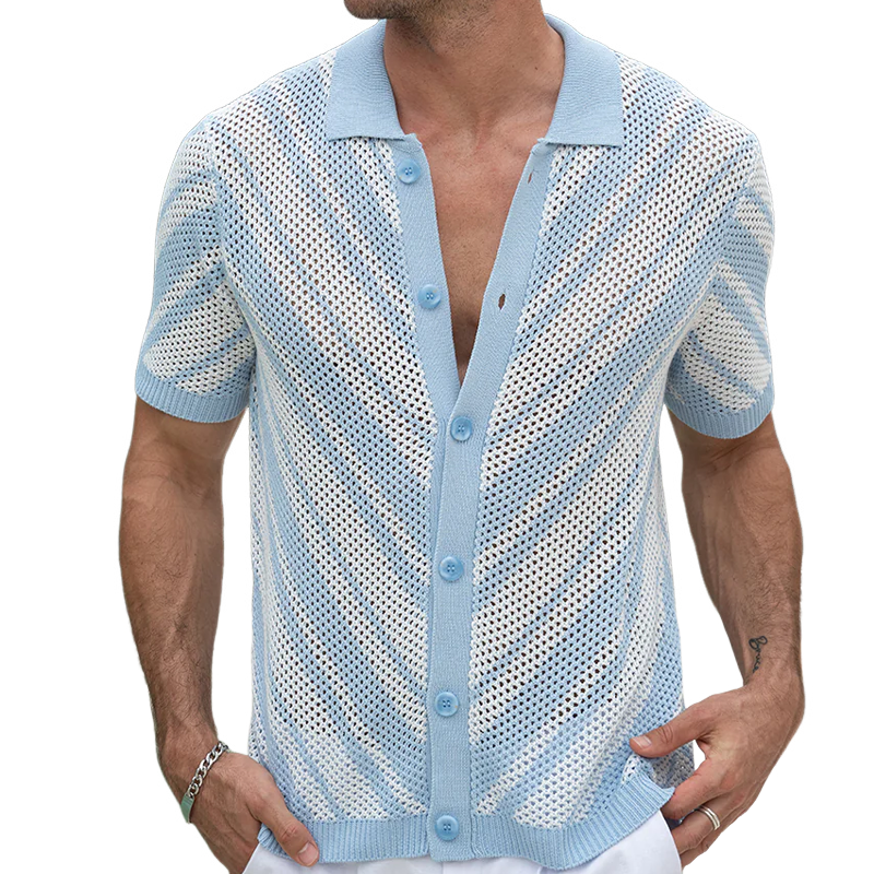 Ellis | Men'S Spring And Summer Fashion Retro Hollow Striped Knitted Short-Sleeved Shirt