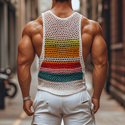 Men's Casal Rond Neck Color Striped Crochet Tank p