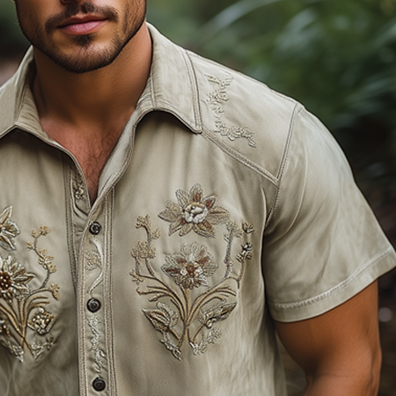 Federico | Men'S Summer Floral Embroidered Suede Short Sleeve Shirt