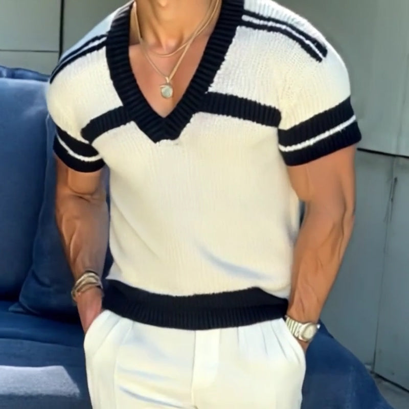 Men's Casal V-neck Striped Jacqard SliFitnitted Short-sleeved Sweater T-Shirt