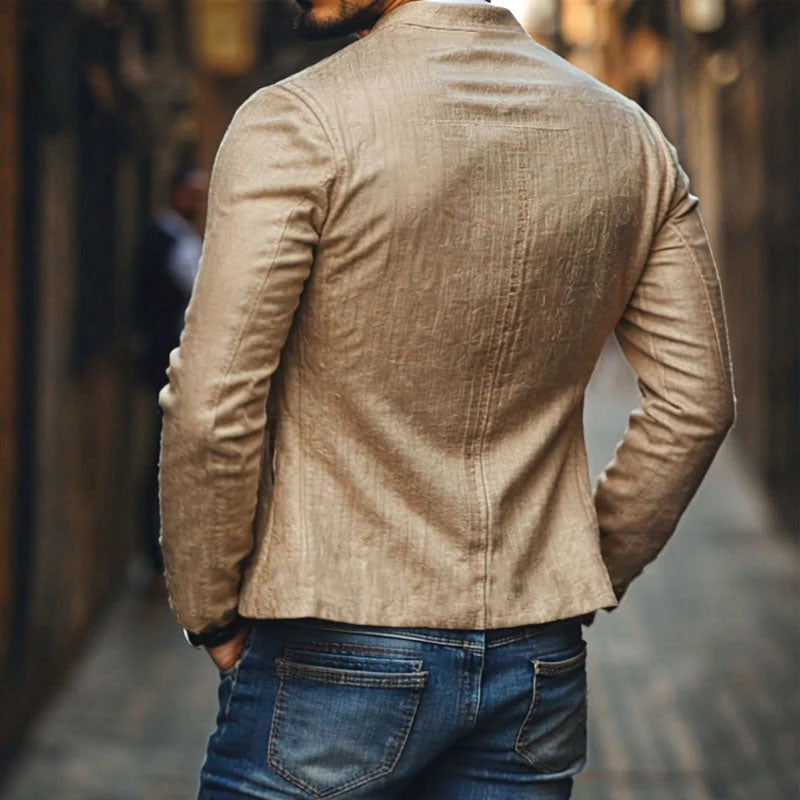 Men's Casual Linen Embroidered Stand Collar Single Breasted Slim Fit Jacket
