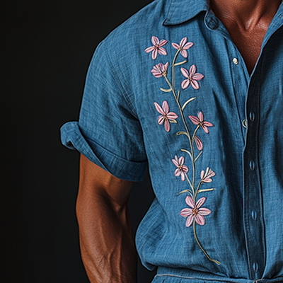 Forrest | Men'S Summer Fashion Embroidery Slub Cotton Short Sleeve Jumpsuit