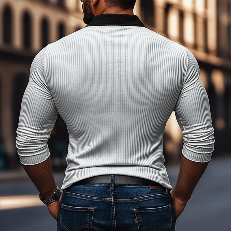 Men'snitted Contrast Striped Long-sleeved POLO Shirt
