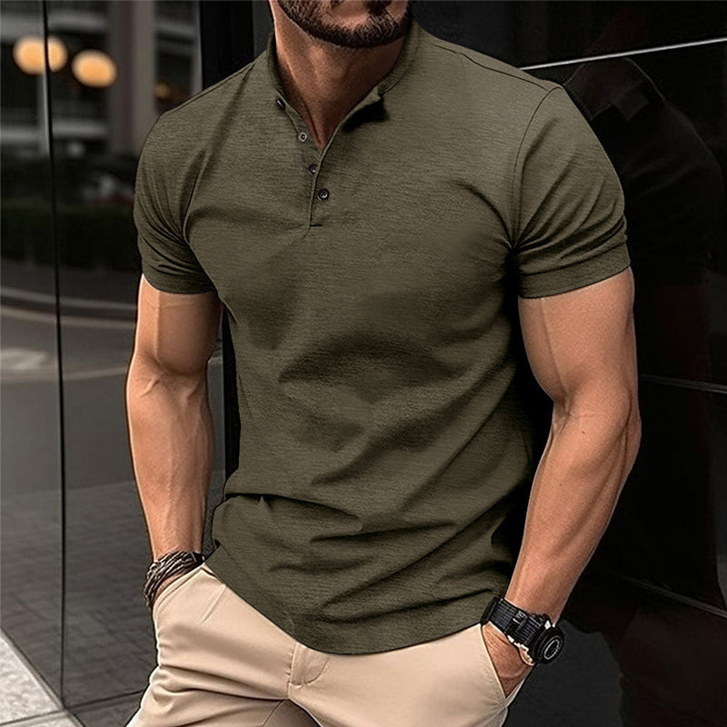 Men's Solid Color Btn Henley Neck Sports Polo Shirt