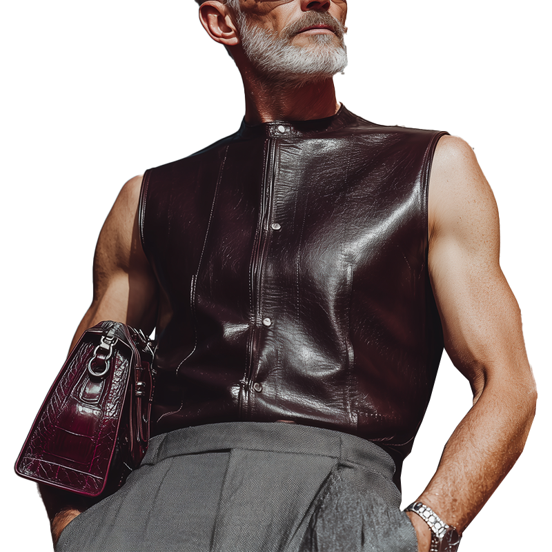 Neal | Men'S Summer Fashion Button Closure Leather Sleeveless Tank Top