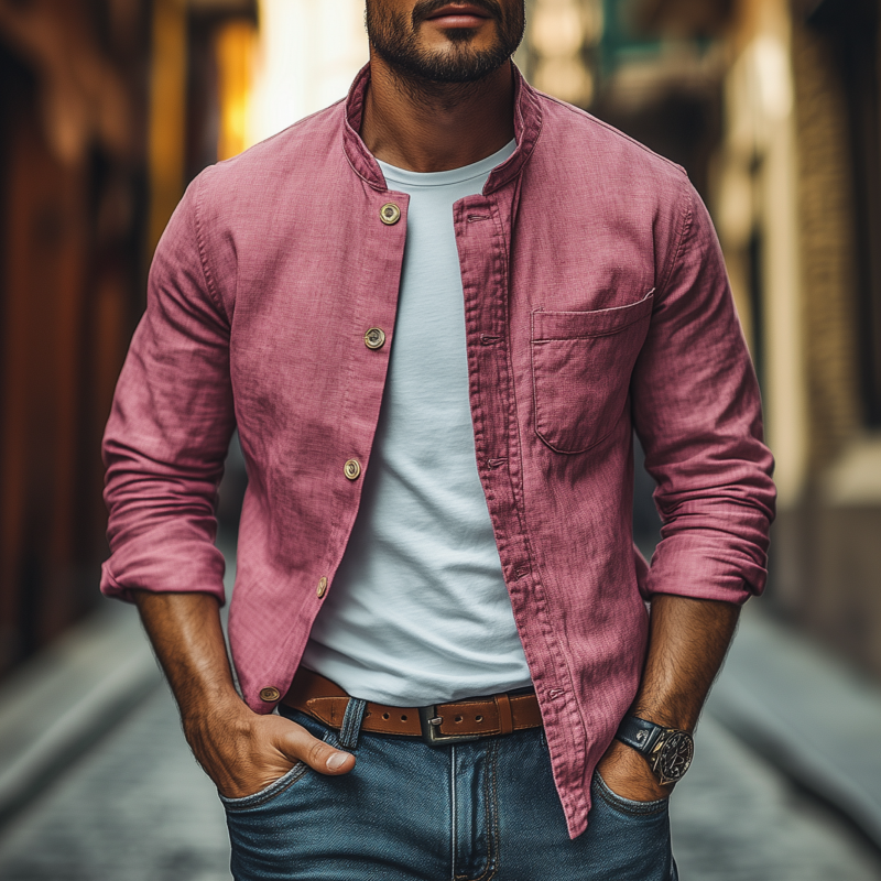 Thad | Men'S Casual Breathable Cotton Stand Collar Single Breasted Patch Pocket Loose Long Sleeve Shirt