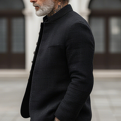 Men's Woven Textred Plaid Stand Collar Single-Breasted Jacket