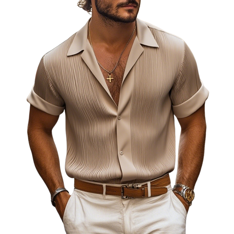 Enrique | Men'S Solid Satin Pleated Lapel Short Sleeve Shirt