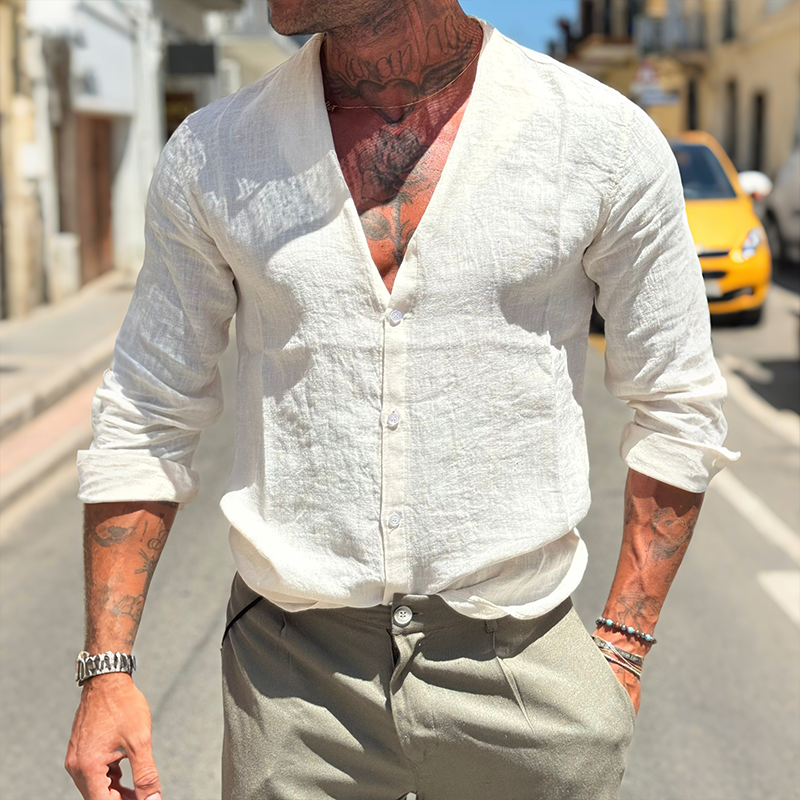 Clayton | Men'S Retro Casual Solid Color Linen Collarless Long Sleeve Shirt