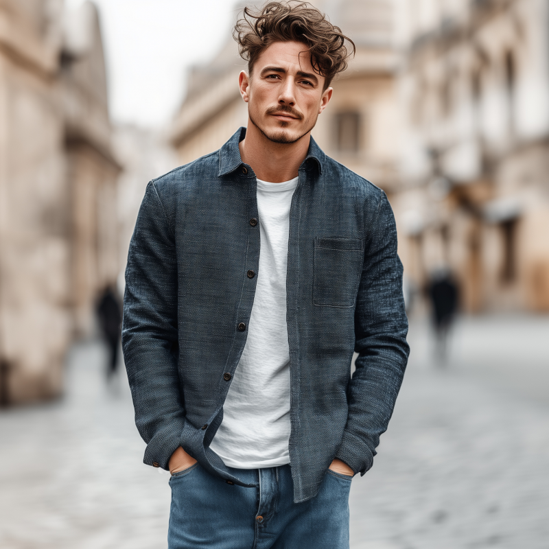 Vicente | Men'S Casual Breathable Cotton Linen Blend Lapel Patch Pocket Slim Fit Long Sleeve Shirt