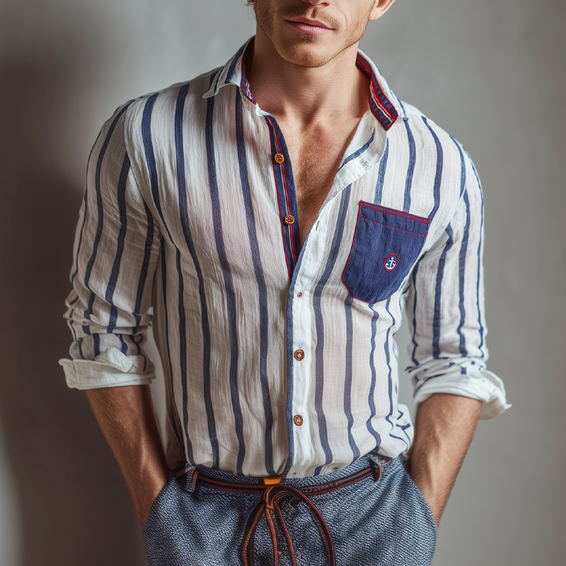 Leslie | Men'S Striped Print Stitching Embroidered Long Sleeve Shirt