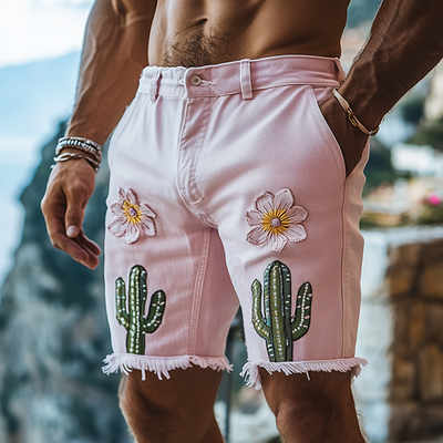 Oliver | Men'S Spring And Summer Fashion Casual Pink Washed Denim Three-Dimensional Flower Cactus Embroidered Shorts