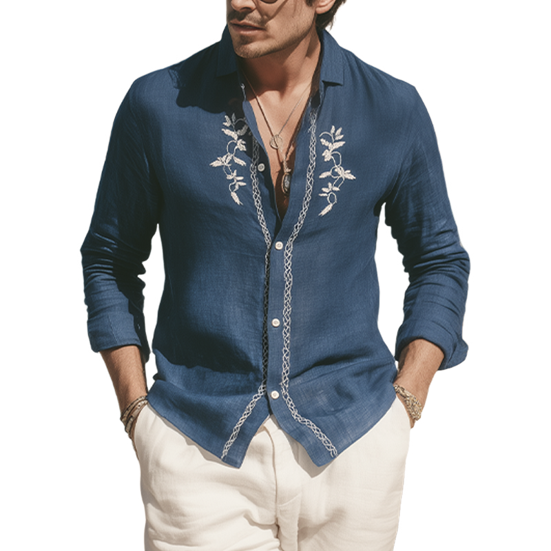 Zachary | Men'S Spring And Summer Retro Exquisite Embroidered Tencel Cotton Long-Sleeved Shirt