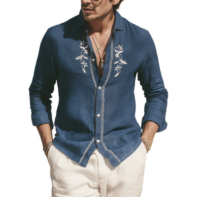 Zachary | Men'S Spring And Summer Retro Exquisite Embroidered Tencel Cotton Long-Sleeved Shirt