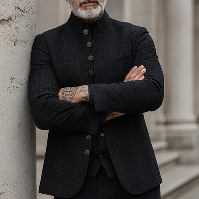 Men's Woven Textred Plaid Stand Collar Single-Breasted Jacket