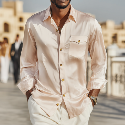 Leroy | Men'S Vintage Elegant Solid Satin Lapel Chest Pocket Slim Fit Long Sleeve Shirt