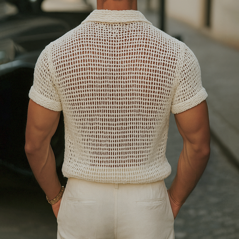 Men's Solid Colornit Lapel Short Sleeve Casal ShirtZ