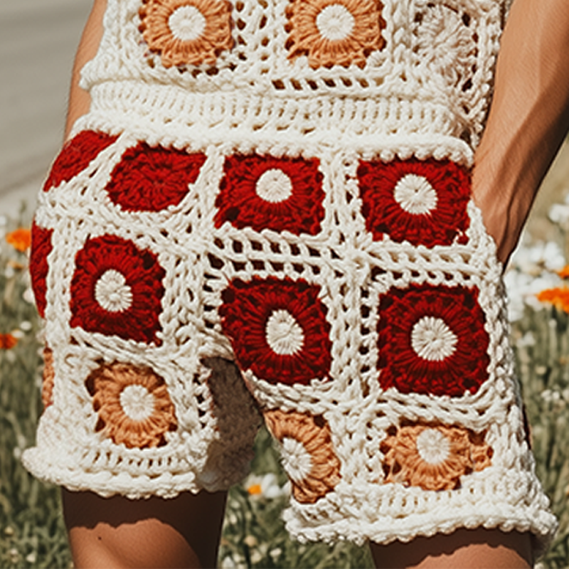 Lewis | Men'S Summer Fashion Casual Hollow Crochet Flower Knitted Vest Elastic Waist Shorts Set