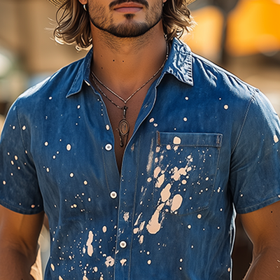 Israel | Men'S Spring And Summer Fashion Casual Washed Denim Personality Ink-Splashed Short-Sleeved Shirt