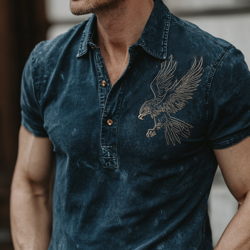 Brandon | Men'S Bald Eagle Embroidered Short Sleeve Denim Polo Shirt