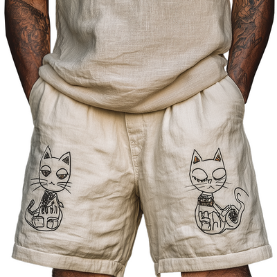 Nicholas | Men'S Summer Fashion Cat Print Linen Blend Casual Shorts