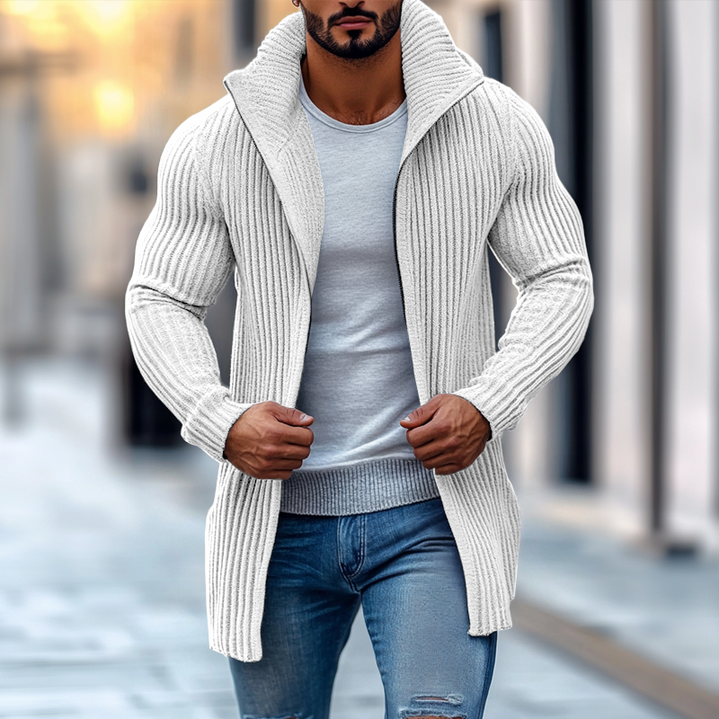 Men's Fashion Stand Collar Solid Striped Long Sleeve Mid-length Knit Cardigan