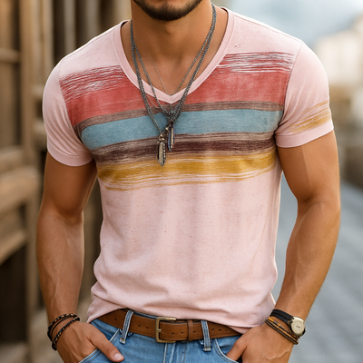 Men's Retro Casal Shabby Striped Printed V-Neck Short Sleeve T-Shirt