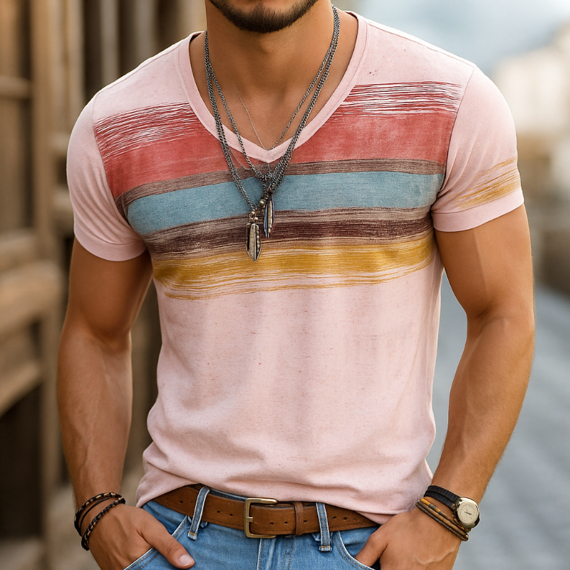 Roberto | Men'S Retro Casual Shabby Striped Printed V-Neck Short Sleeve T-Shirt