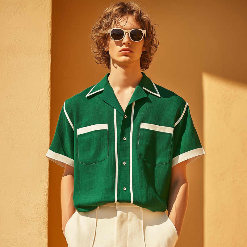 Mitchell | Men'S Casual Breathable Linen Contrast Patchwork Lapel Patch Pocket Loose Short-Sleeved Shirt