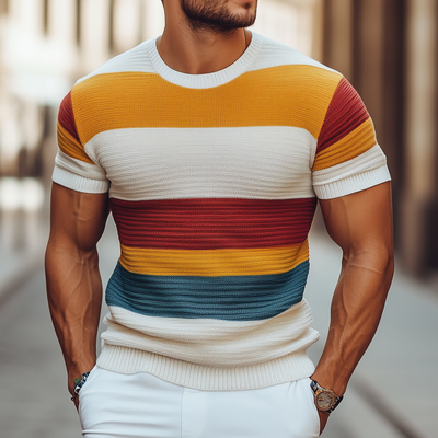 Monty | Men'S Casual Colorful Striped Knitted Round Neck Slim Fit Short Sleeve Sweater T-Shirt