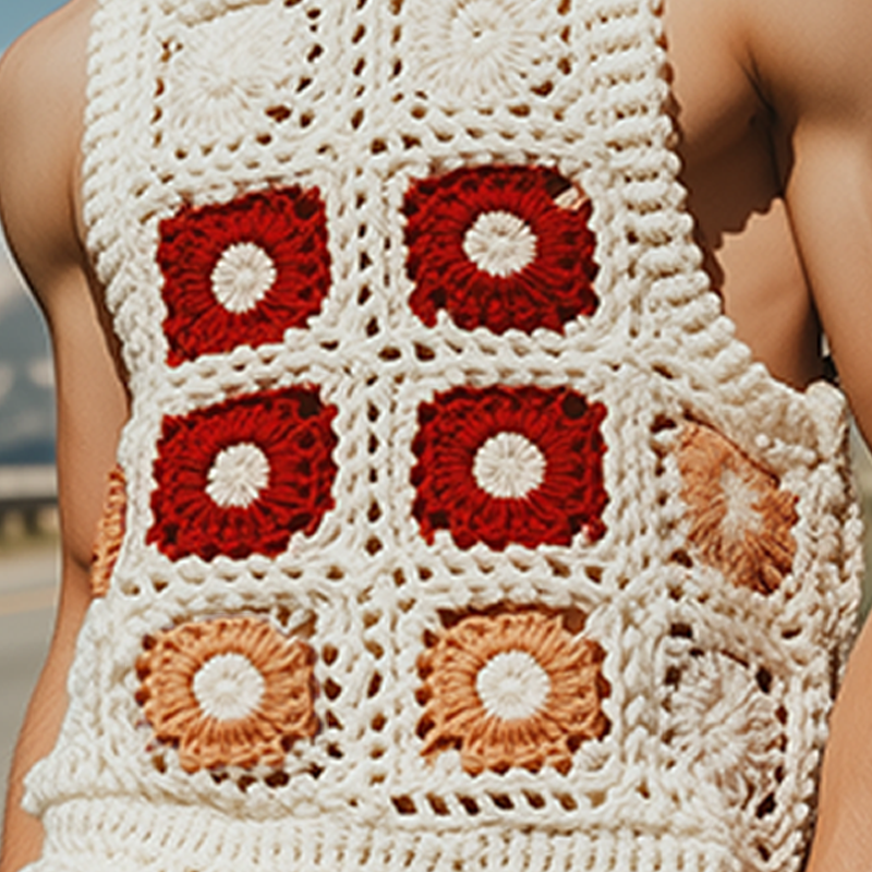 Lewis | Men'S Summer Fashion Casual Hollow Crochet Flower Knitted Vest Elastic Waist Shorts Set