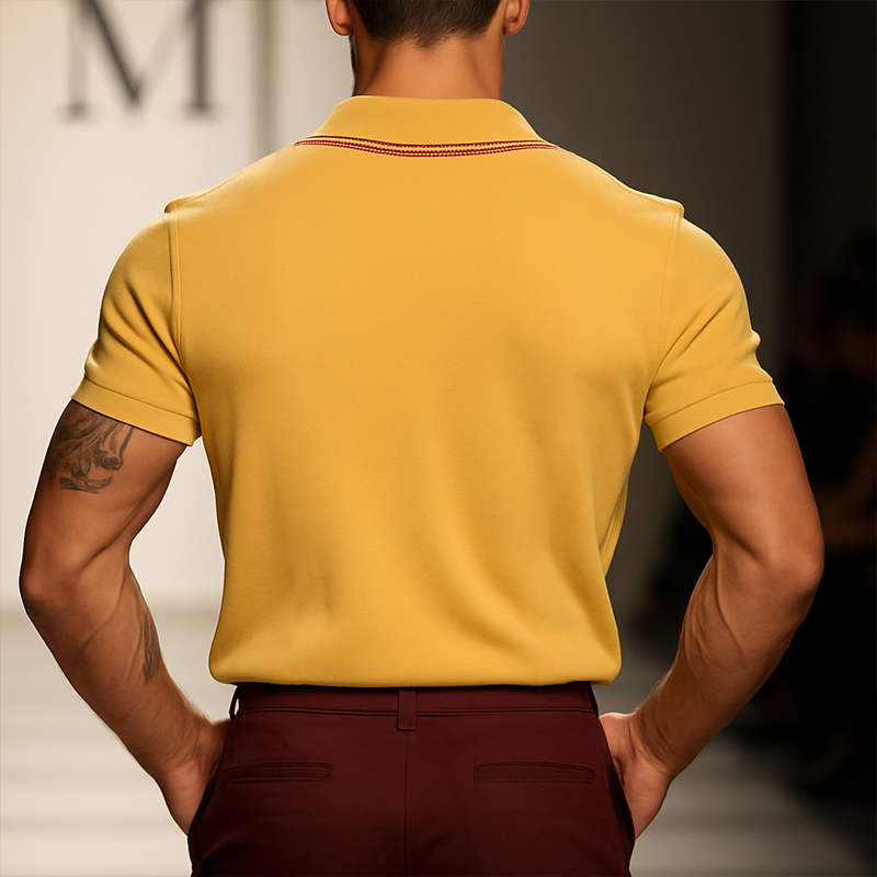 Men's Vine Casal Striped Embroidered Cotn Short Sleeve Polo Shirt