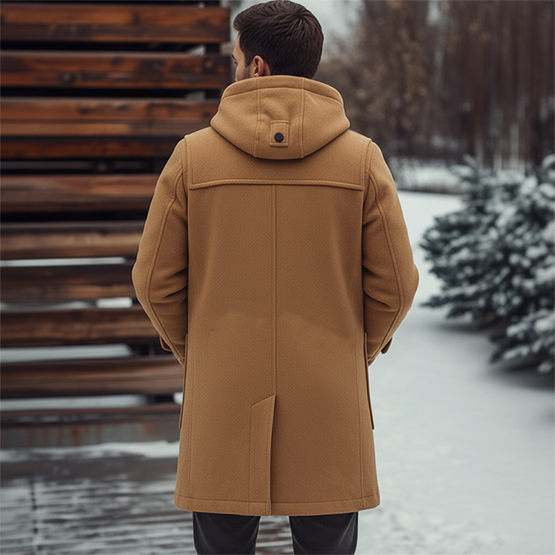 Men's Solid Color Fax Wool Blend Hoodedid-Length Coat