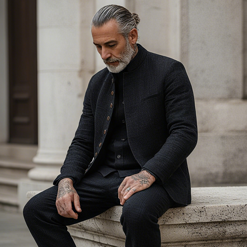 Men's Woven Textred Plaid Stand Collar Single-Breasted Jacket