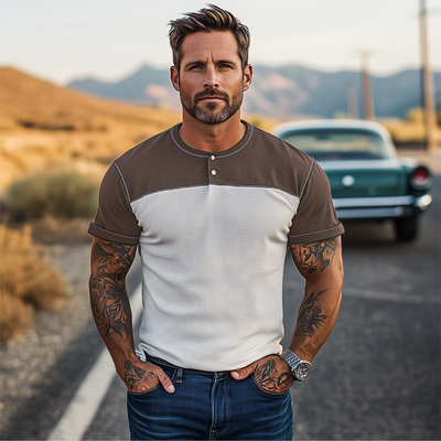 Fidel | Men'S Spring And Summer Casual Cotton Blend Splicing Waffle Henry Collar Short Sleeve T-Shirt