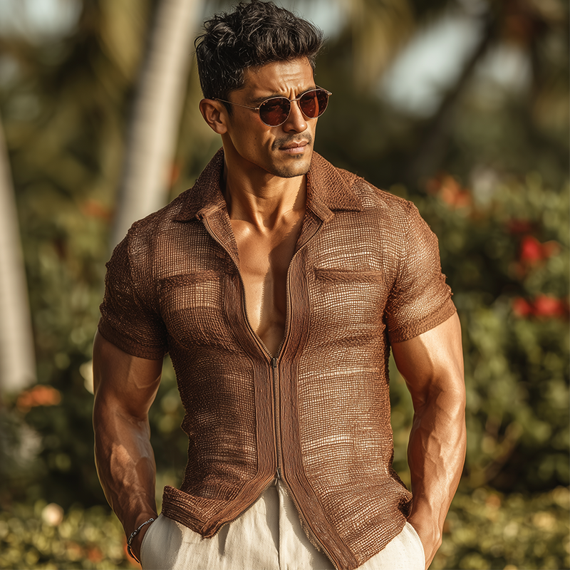 Wendell | Men'S Summer Fashion Zipper Mesh Short Sleeve Slim Shirt (With Lining)