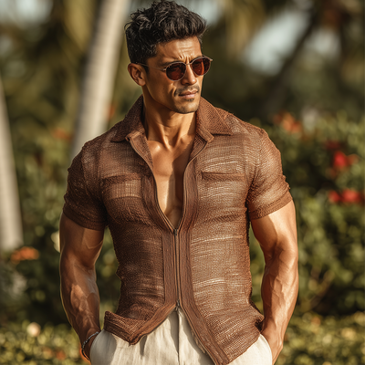 Wendell | Men'S Summer Fashion Zipper Mesh Short Sleeve Slim Shirt (With Lining)