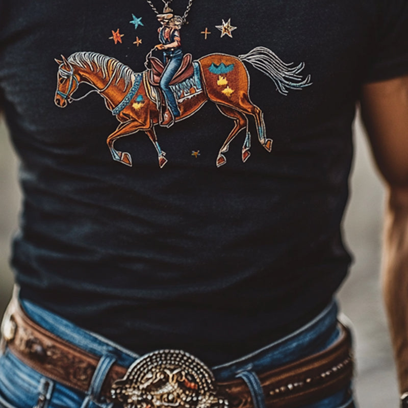 Phillip | Men'S Western Cowboy Style Printed Round Neck Short Sleeve T-Shirt