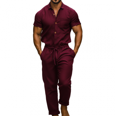 Craig | Men'S Casual Breathable Cotton And Linen Lapel Patch Pocket Short-Sleeved Pants Jumpsuit