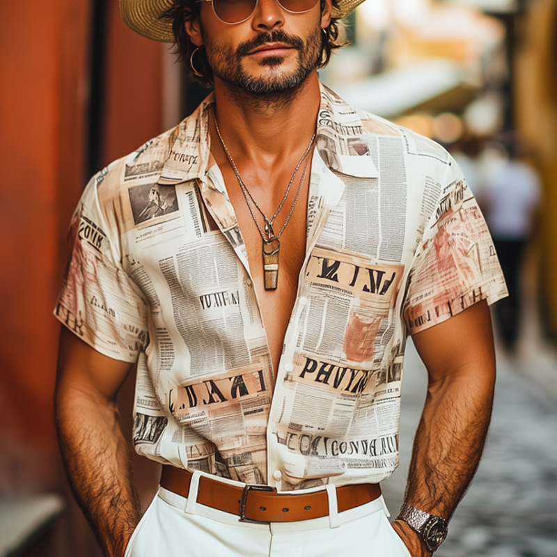 Grant | Men'S Summer Fashion Newspaper Printed Short Sleeve Shirt
