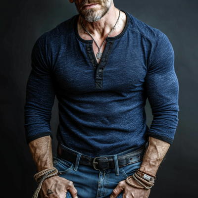 Roberto | Men'S Casual Cotton Contrast Color Patchwork Henry Collar Slim Fit Long Sleeve T-Shirt