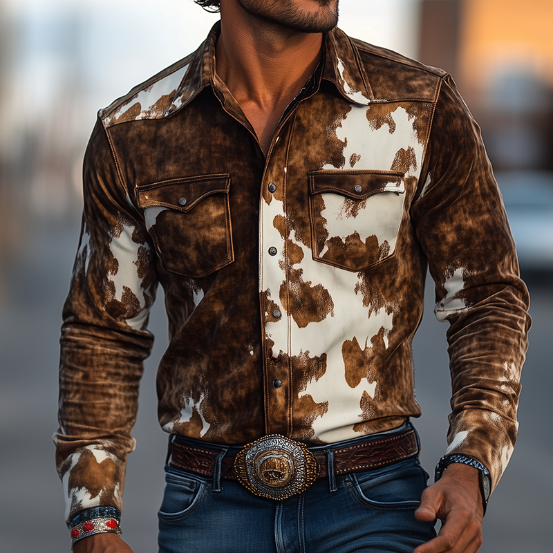 Men's Retro Casal Western Style Cow Print Sede Lapel Long Sleeve Shirt