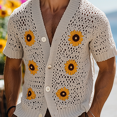 Kendall | Men'S Spring And Summer Fashion Casual Vacation Style Knitted Hollow Flower Short-Sleeved Shirt