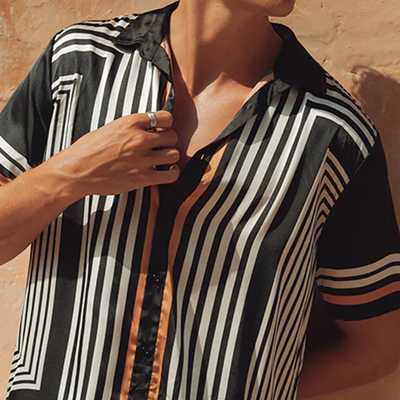 Christian | Men'S Retro Casual Contrast Stripe Printed Satin Short Sleeve Shirt