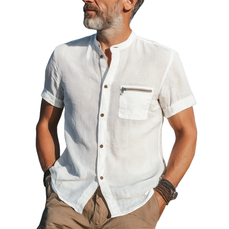 Martin | Men'S Summer Basic Cotton Stand Collar Short Sleeve Shirt