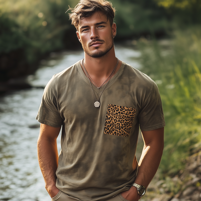 Fred | Men'S Retro V-Neck Leopard Print Pocket Stitching Short Sleeve T-Shirt