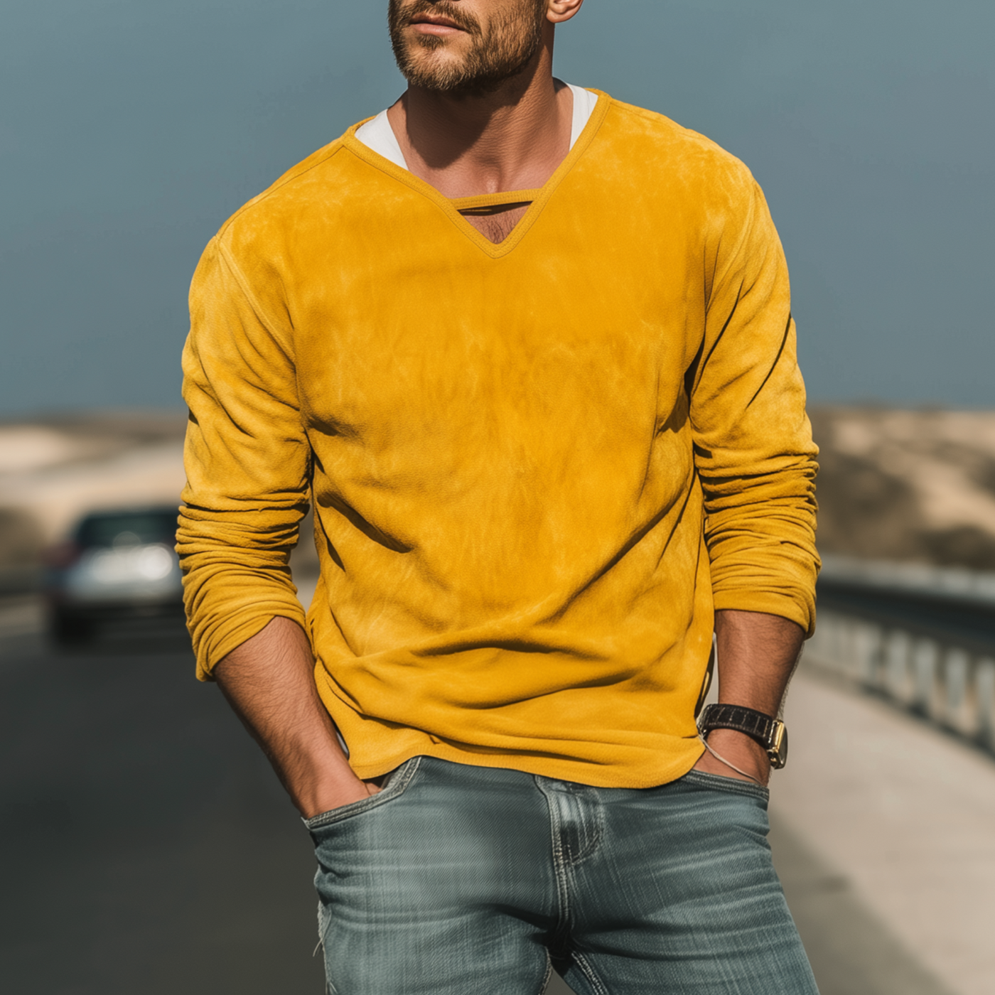 Wayne | Men'S Spring And Summer Fashion Casual Thin Suede V-Neck Loose Long-Sleeved T-Shirt